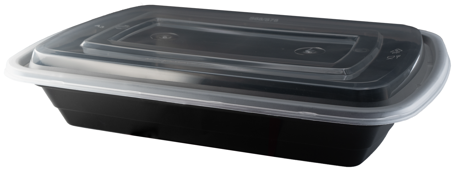 Containers: Square Black with Lids 7.9"x5.5"x1.8" 24oz 150/cs