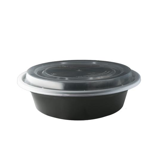 Containers: Round Black w/Lids 7.3"x1.7"24oz 150/cs