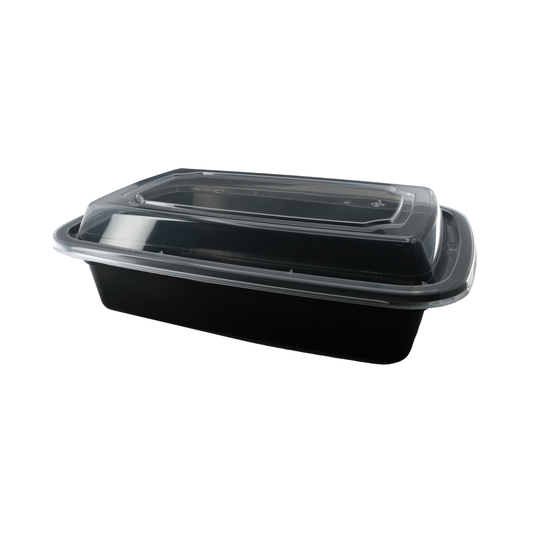 Black PP Container Rectangle w/lids 24oz 8"x5.5"x2" 150/cs